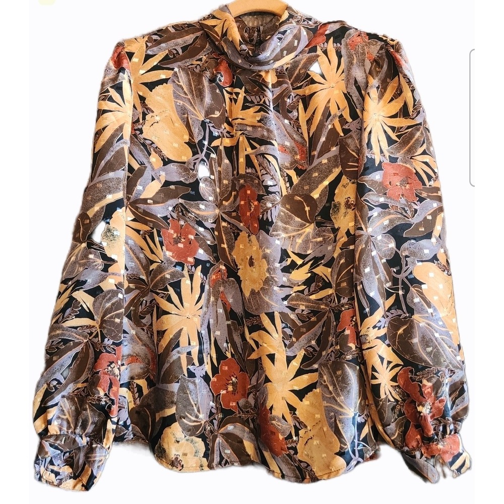 Natalie Blouse Womens Medium Multicolor Excellent Floral Satin Mock Neck Vintage